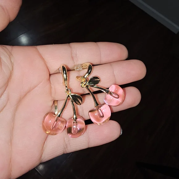 Pink and Gold Cherry Earrings - Picture 5 of 6